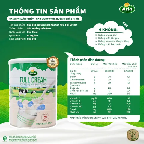 Sữa Tươi Dạng Bột Nguyên Kem Arla Full Cream 800g