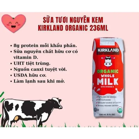 [DATE 2027 VỎ NHÒE DATE] Sữa tươi Organic Whole Milk Kirkland thùng 18 hộp