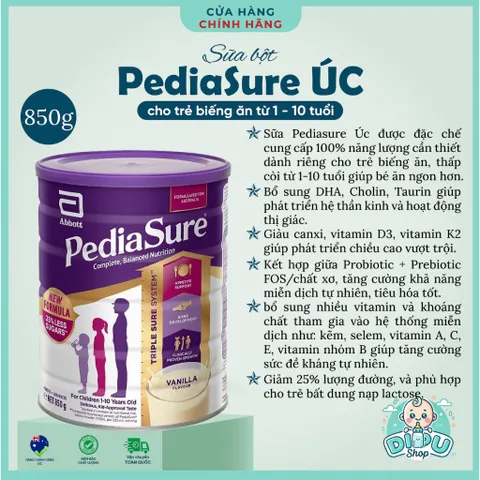 850g Sữa Bột PediaSure Úc Nắp Tím Vani Bé Biếng Ăn Tăng Cân Thấp Còi 1-10 Tuổi
