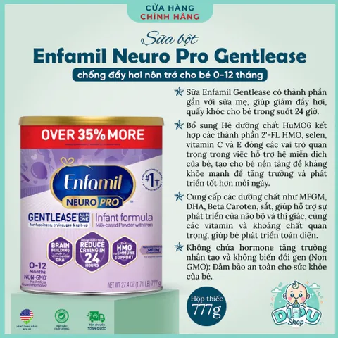 Sữa Enfamil Neuro Pro Gentlease chống đầy hơi nôn trớ cho bé từ 0 đến 12 tháng 777g