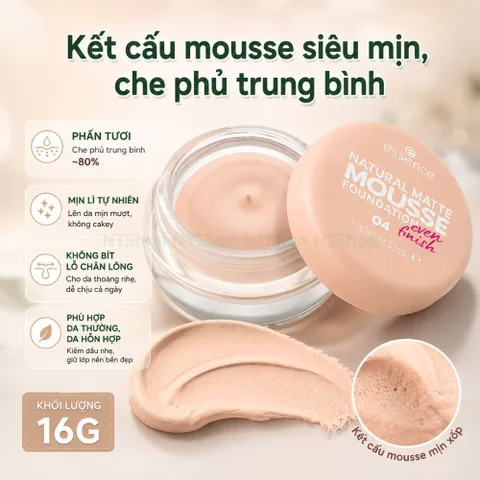 Phấn Tươi Essence natural matte mousse foundation 16g lớp nền mịn lì, kiềm dầu trang điểm hàng ngày