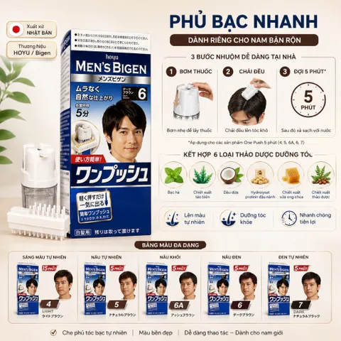 Nhuộm Tóc Nam Bigen Nhật Bản – Phủ Bạc Nhanh 10 Phút, Ít Mùi, Dưỡng Tóc Với  6 Loại Thảo Mộc