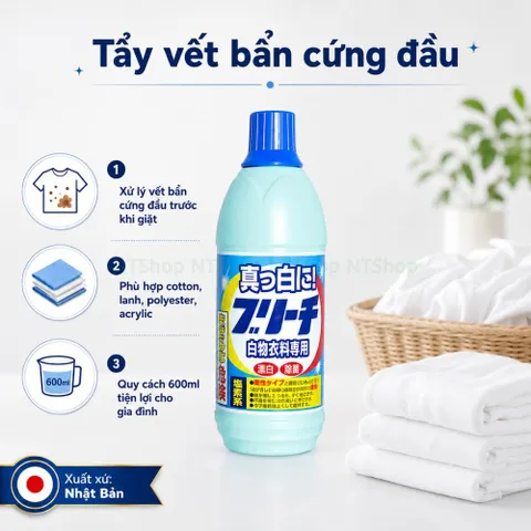 Nước tẩy trắng quần áo trắng hiệu Rocket Nhật Bản - Làm sạch vết bẩn cứng đầu, khử mùi hôi trên áo