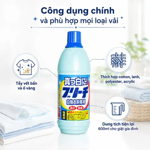 Nước tẩy trắng quần áo trắng hiệu Rocket Nhật Bản - Làm sạch vết bẩn cứng đầu, khử mùi hôi trên áo