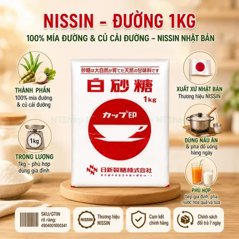 Đường trắng Nissin 1kg - vị ngọt thanh mát, ngọt dịu nhẹ - 100% mía đường & củ cải đường - Nhật Bản