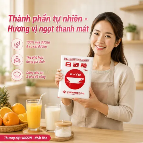 Đường trắng Nissin 1kg - vị ngọt thanh mát, ngọt dịu nhẹ - 100% mía đường & củ cải đường - Nhật Bản