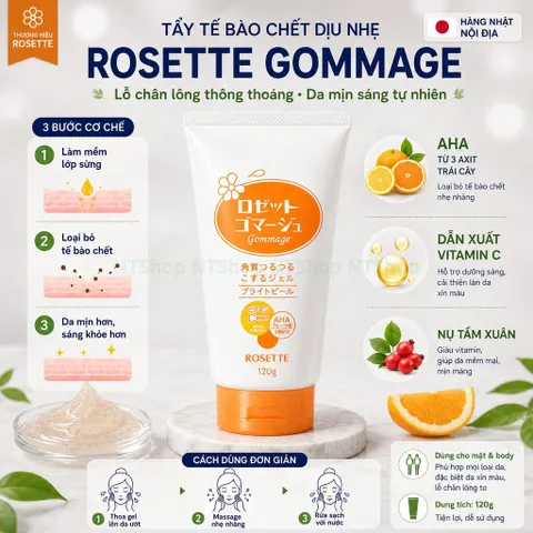 Gel Tẩy Tế Bào Chết Rosette Gommage Nhật Bản Tuýp 120gr Da Mịn, Sáng Da  Thông Thoáng Lỗ Chân Lông
