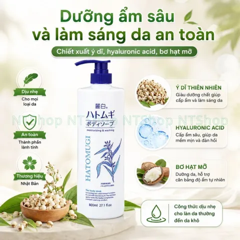 Sữa Tắm Hatomugi Chính Hãng Nhật Bản 800ml Dưỡng Ẩm Và Sáng Da Tự Nhiên Dành Cho Mọi Loại Da