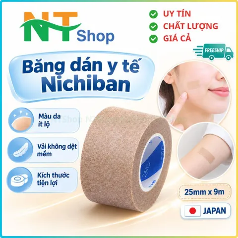 Băng dán y tế nichiban 25mm x 9m màu da ít lộ dễ cắt vải không dệt mềm tiện lợi cho chăm sóc tại nhà