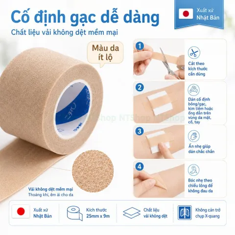 Băng dán y tế nichiban 25mm x 9m màu da ít lộ dễ cắt vải không dệt mềm tiện lợi cho chăm sóc tại nhà