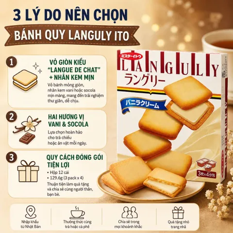 Bánh quy Languly ITO Nhật Bản - Vỏ Mỏng Giòn Nhân Kem Vani hoặc Socola Matchamềm mịn - hộp 12 cái tiện Lợi
