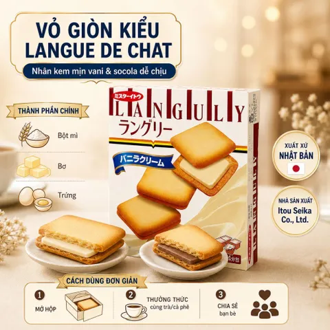 Bánh quy Languly ITO Nhật Bản - Vỏ Mỏng Giòn Nhân Kem Vani hoặc Socola Matchamềm mịn - hộp 12 cái tiện Lợi