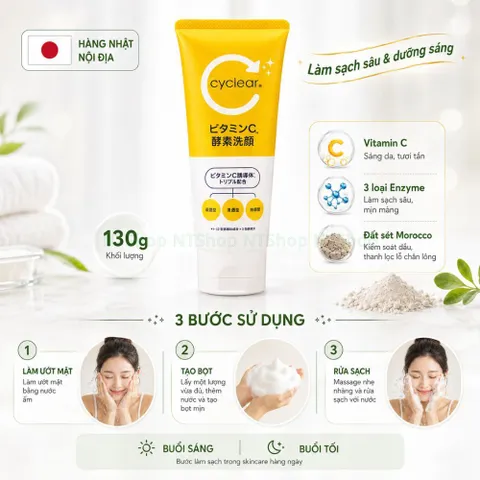Sữa rửa mặt tạo bọt Vitamin C CYCLEAR - làm sạch sâu với enzyme và đất sét Morocco hỗ trợ sáng mịn