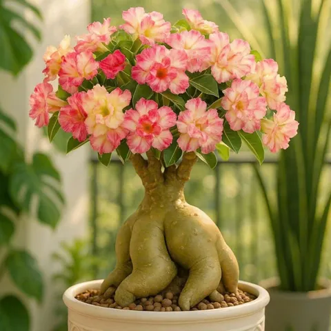 Hạt giống hoa sứ kép Thái Lan giống sứ sa mạc 5 cánh nhọn nhiều tầng màu vàng viền hồng - Bịch 10 hạt – Mã 1968 804476