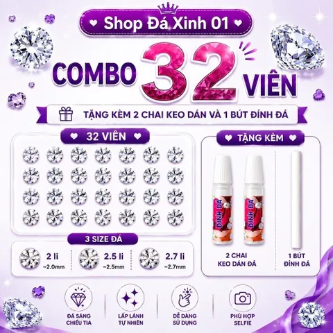 Combo 32 Viên Đá Đính- loại chân bằng- Size 2li, 2li5, 2li7 tặng kèm 2 KEO+ 1 BÚT có kèm hướng dẫn- đá đính trang trí
