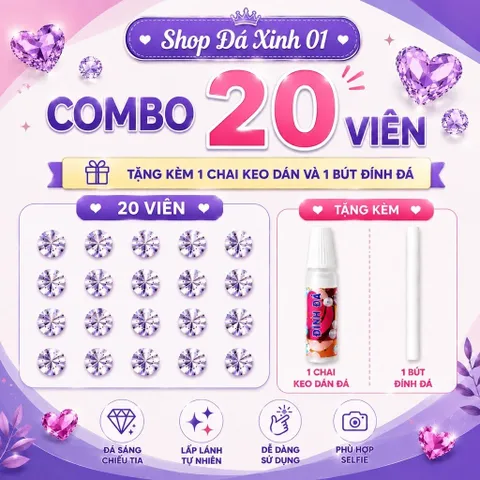 combo 20 viên đá đính-loại chân bằng- size 2li. 2li5, 2li7  tặng kèm dụng cụ tự đính tại nhà- đá đính trang trí