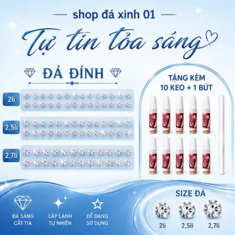 Sỉ 500 Viên Đá Đính- loại Chân Bằng-2li, 2,5li, 2,7li - kèm dụng cụ tự đính tại nhà- đá đính trang trí