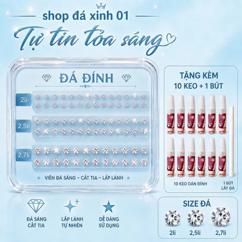 Sỉ 500 Viên Đá Đính- loại Chân Bằng-2li, 2,5li, 2,7li - kèm dụng cụ tự đính tại nhà- đá đính trang trí
