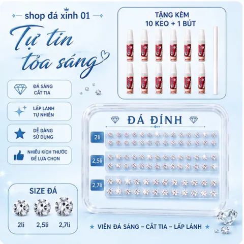 Sỉ 500 Viên Đá Đính- loại Chân Bằng-2li, 2,5li, 2,7li - kèm dụng cụ tự đính tại nhà- đá đính trang trí