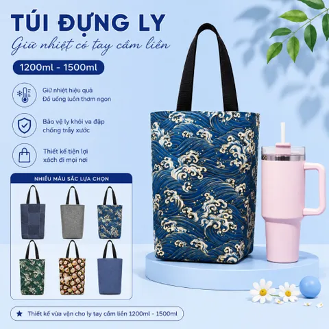 Túi Đựng Ly giữ nhiệt 1200ml Thiết Kế Riêng Cho Ly Có Tay Cầm Liền , Chất Liệu Simili In Họa Tiết