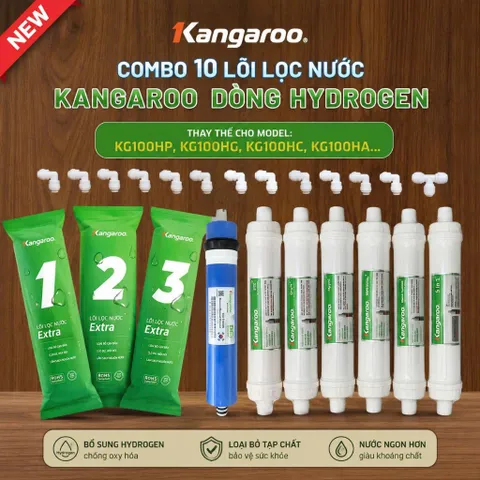 Bộ 10 Lõi Lọc Nước Kangaroo Hydrogen+ (KG100HP, KG100HG, KG100HC...) Gồm 123 Extra, Ro50/100, 6 CN.