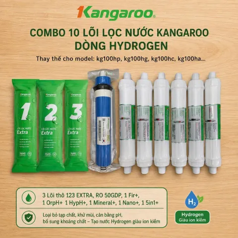 Bộ 10 Lõi Lọc Nước Kangaroo Hydrogen+ (KG100HP, KG100HG, KG100HC...) Gồm 123 Extra, Ro50/100, 6 CN.