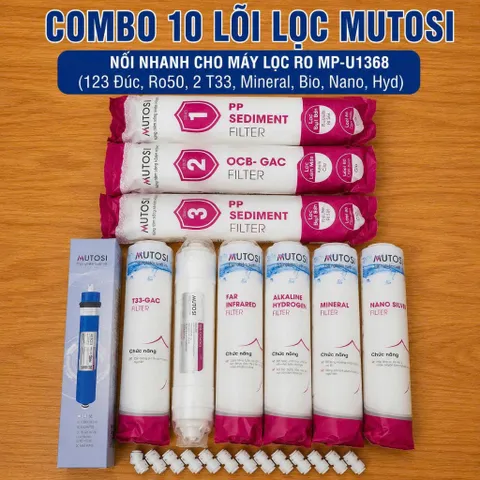 Bộ 10 Lõi Lọc Nước Mutosi dùng Cho MP-6100HCE, MP-S1013 (123, Ro,T33,Mineral,Bio, Alkaline,Far,Nano)