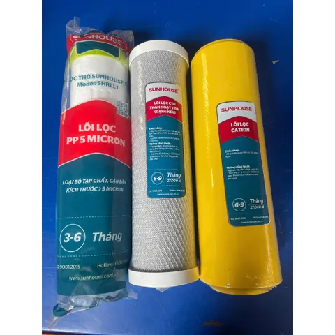 Bộ 3 lõi lọc nước 123 Cation Sunhouse khử nước nhiễm phèn, đá vôi, nước máy chứa clo. 805384