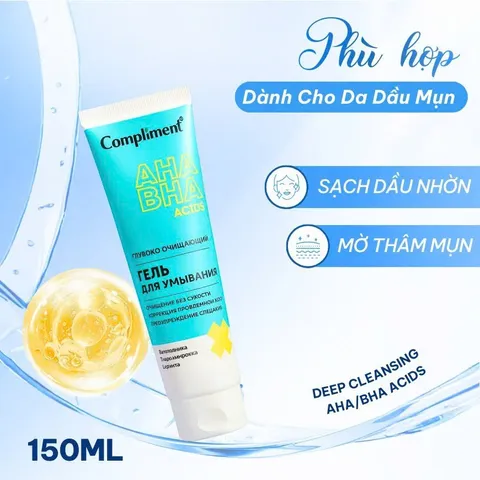 Sữa rửa mặt Compliment No Problem AHA BHA Acids pH 5.5 dịu nhẹ giúp làm sạch sâu, giảm mụn 150ml [hàng nhập khẩu]