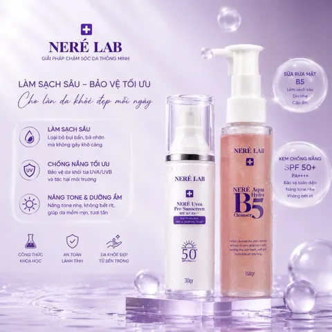 Bộ đôi NERÉ Sữa rửa mặt, Kem chống nắng SPF50+ PA+++, Làm sạch dịu nhẹ, Chống nắng phổ rộng, Bảo vệ da trước tia UV