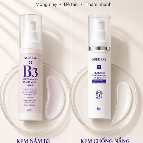 Bộ đôi NERÉ Kem nám, Kem chống nắng SPF50+ PA++++, Hỗ trợ mờ nám, Ngăn ngừa tăng sắc tố, Bảo vệ da trước tia UV