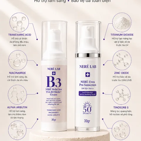 Bộ đôi NERÉ Kem nám, Kem chống nắng SPF50+ PA++++, Hỗ trợ mờ nám, Ngăn ngừa tăng sắc tố, Bảo vệ da trước tia UV
