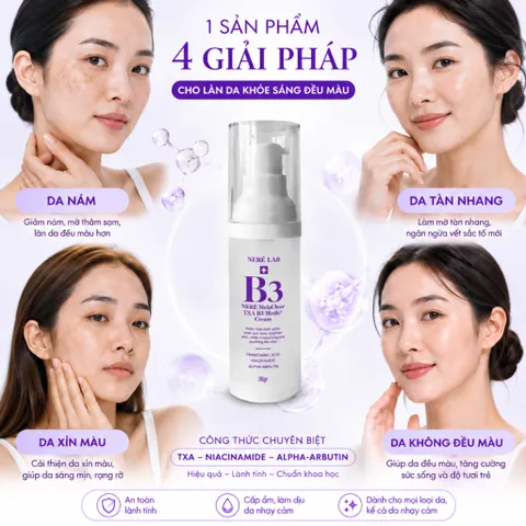 Bộ 3 bước chăm da NERÉ Sữa rửa mặt, Serum, Kem nám, Làm sạch dịu nhẹ, Dưỡng sáng da, Hỗ trợ mờ nám