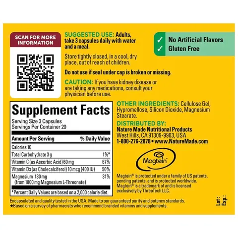 Nature Made Magnesium L-Threonate 130mg + Vitamin C & D3, 60 viên