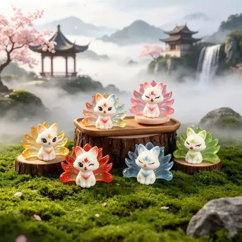 Bộ 6 hồ ly ngũ sắc bằng nhựa cao cấp kích thước 4,5cm*3,7cm deco may mắn, thu hút tài lộc,tình duyên