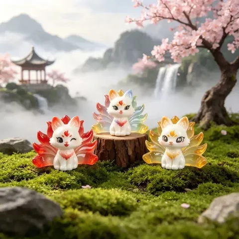 Bộ 6 hồ ly ngũ sắc bằng nhựa cao cấp kích thước 4,5cm*3,7cm deco may mắn, thu hút tài lộc,tình duyên