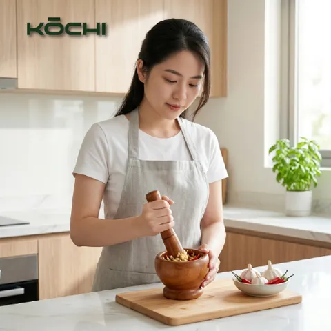 Cối chày gỗ Cao Cấp KOCHI – Sấy khô, chống mốc Giã mạnh, an toàn cho mọi gian bếp