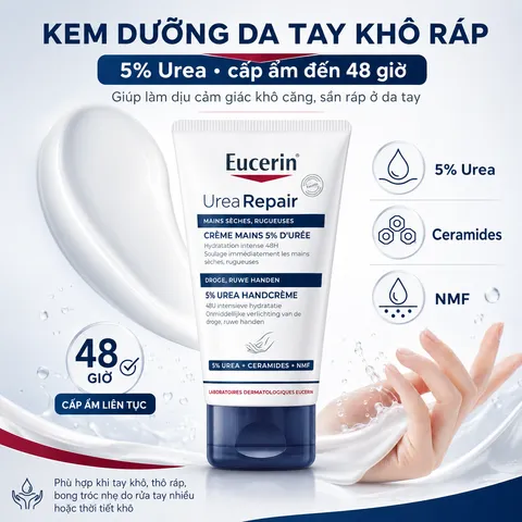 [ Mẫu Mới ] Kem Dưỡng Da Tay Eucerin Urea Repair Plus 75ml - Giảm Khô Nứt, Cấp Ẩm Sâu Cho Da Mềm Mịn, Phù Hợp Mọi Loại Da, Không Hương Liệu