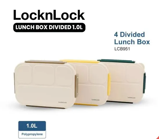 LocknLock Hộp Cơm Nhựa 4 Ngăn LCB951- 1L, Gioăng Silicone, Kèm Dĩa