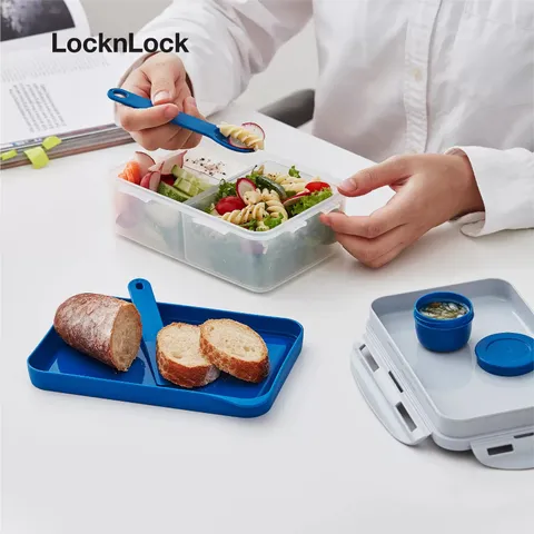 Hộp Cơm LocnLock TOGO Nhựa PP Chia 3 Ngăn Kèm Dao, Muỗng, Hộp Sốt HPL817 -1L