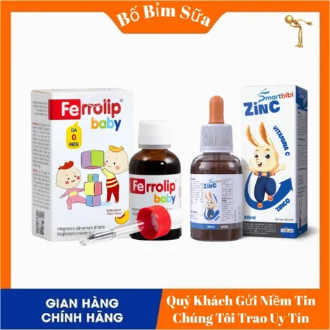 COMBO Sắt FERROLIP BABY Sắt Hữu Cơ Dạng Siro Vị Đào Hộp 30ml Và Kẽm ZinC Smartbibi Hộp 30ml Và Neo Kids Vitamin Cho Bé