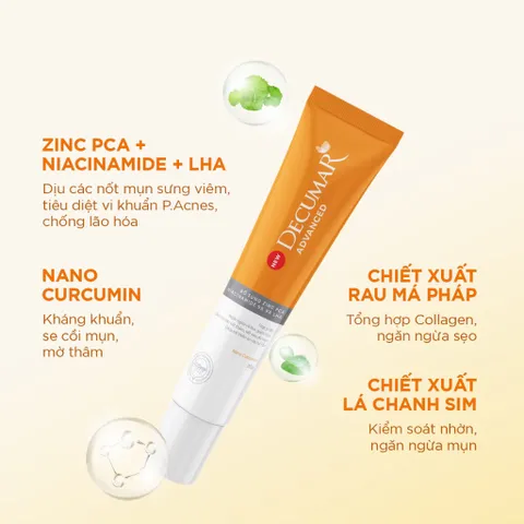Gel ngừa mụn Decumar Advanced (Tuýp 20g) Giúp kháng khuẩn, giảm viêm, mờ thâm và ngăn ngừa sẹo mụn.