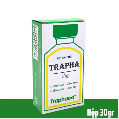 Bột khử mùi Trapha (Chai 30g) Giúp khử mùi hôi nách, hôi chân, và làm khô thoáng vùng da tiết nhiều mồ hôi.