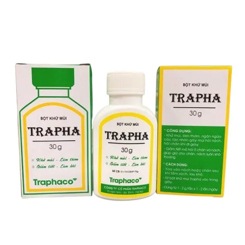 Bột khử mùi Trapha (Chai 30g) Giúp khử mùi hôi nách, hôi chân, và làm khô thoáng vùng da tiết nhiều mồ hôi.
