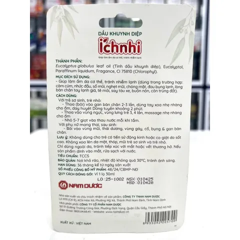 Dầu Khuynh Diệp Ích Nhi Nam Dược (Chai 30ml) Hỗ trợ làm dịu vết muỗi đốt, côn trùng cắn, giúp làm ấm da cơ thể.