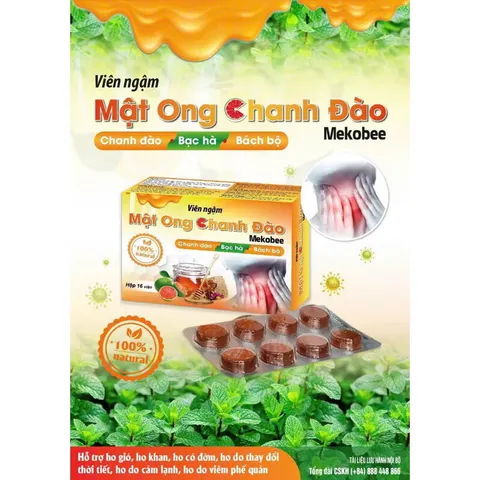 Viên ngậm Mật Ong Chanh Đào (Hộp 16 viên) Hỗ trợ nhuận phế, giảm ho, long đờm, giúp cải thiện các biểu hiện hắt hơi.