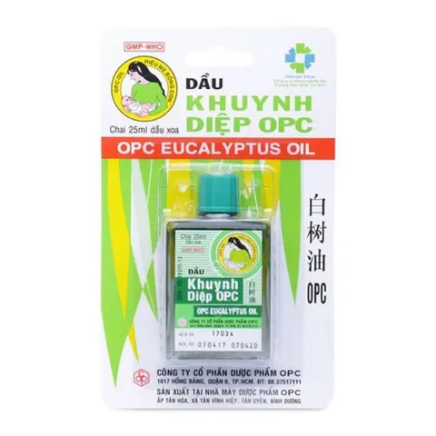 Dầu Khuynh Diệp OPC (Chai 25ml) Phòng cảm cúm, sổ mũi, nghẹt mũi, đau bụng, chóng mặt, côn trùng đốt, trặc gân, sưng.