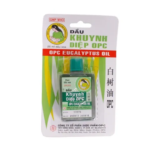 Dầu Khuynh Diệp OPC (Chai 25ml) Phòng cảm cúm, sổ mũi, nghẹt mũi, đau bụng, chóng mặt, côn trùng đốt, trặc gân, sưng.