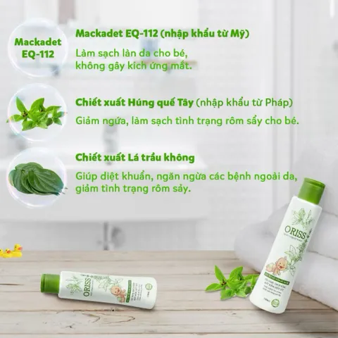 Sữa tắm gội cho bé Oriss dịu nhẹ lành tính sạch rôm sảy chiết xuất lá trầu không an toàn không cay mắt 150ml