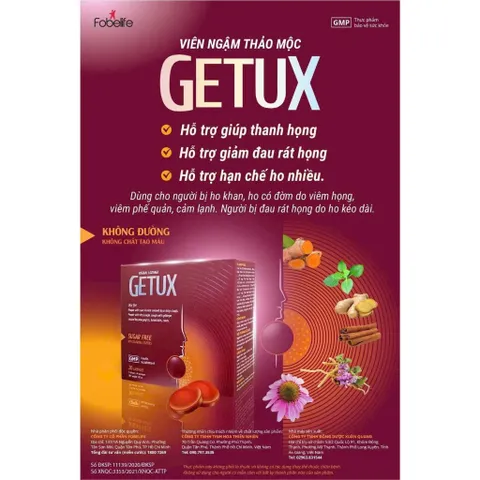 Kẹo Ngậm Thảo Mộc Getux FOBE Hỗ Trợ Giảm Ho, Đau Rát Họng (Không Đường) - Hộp 20 viên